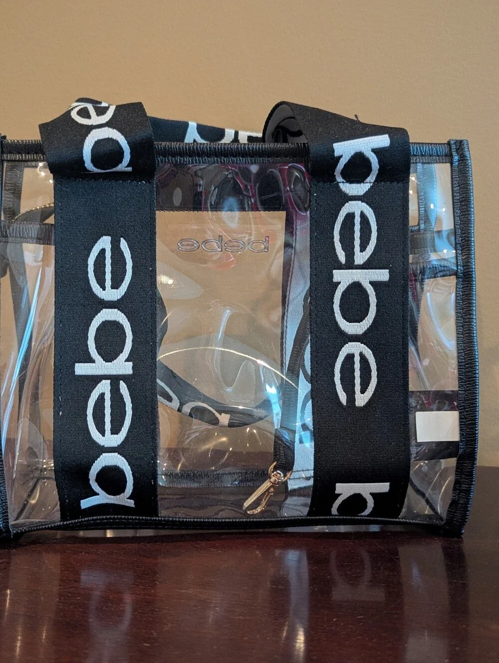 bebe Clear PVC Logo Tote & Cosmetic Pouch Set Black White Gold